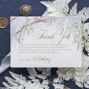 Tarjeta de agradecimiento con glicina azul y violeta para imprimir: boda, despedida de soltera, baby shower, cumpleaños