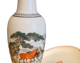 Chinese Porcelain 1930s -1970s ProC Vase Horses of Wang Mu Calligraphy,