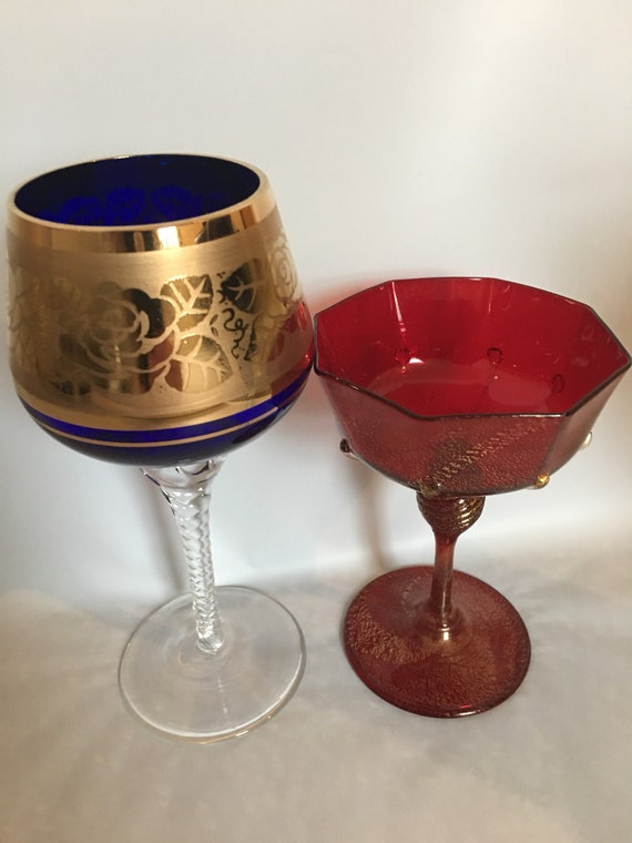 2 Vintage Murano Venetian Liqueur Glasses Ruby Red Gold Etsy
