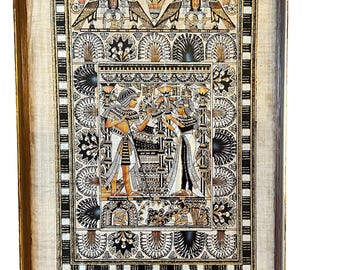 Antiek/vintage origineel ondertekend Egyptisch schilderij op papyrus koning Tut bruiloft ingelijst