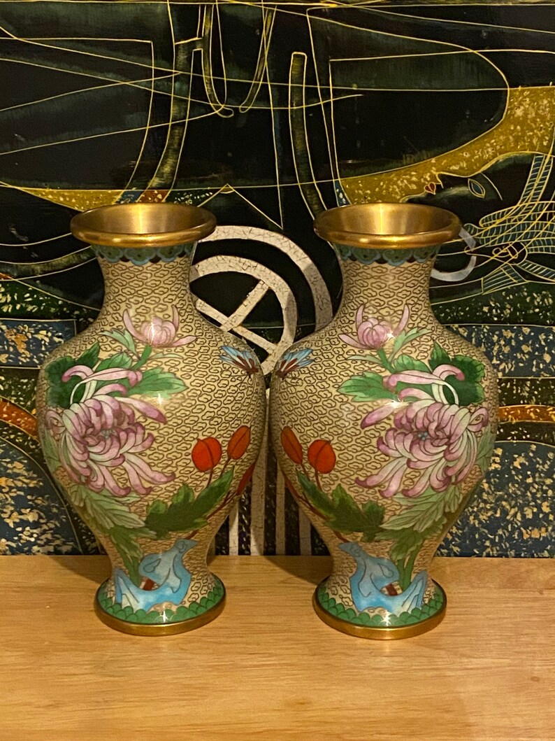 Pair of Cloisonné Vases Polychrome Floral Motif Vintage mid Etsy