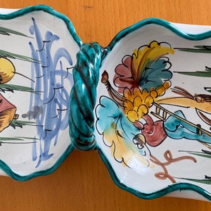 Majolica pottery bon bon handled dish, hand painted tin glazed sweet dish, contemporary Italian ceramic dish