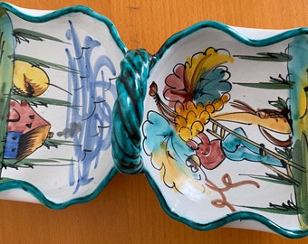 Majolica pottery bon bon handled dish, hand painted tin glazed sweet dish, contemporary Italian ceramic dish