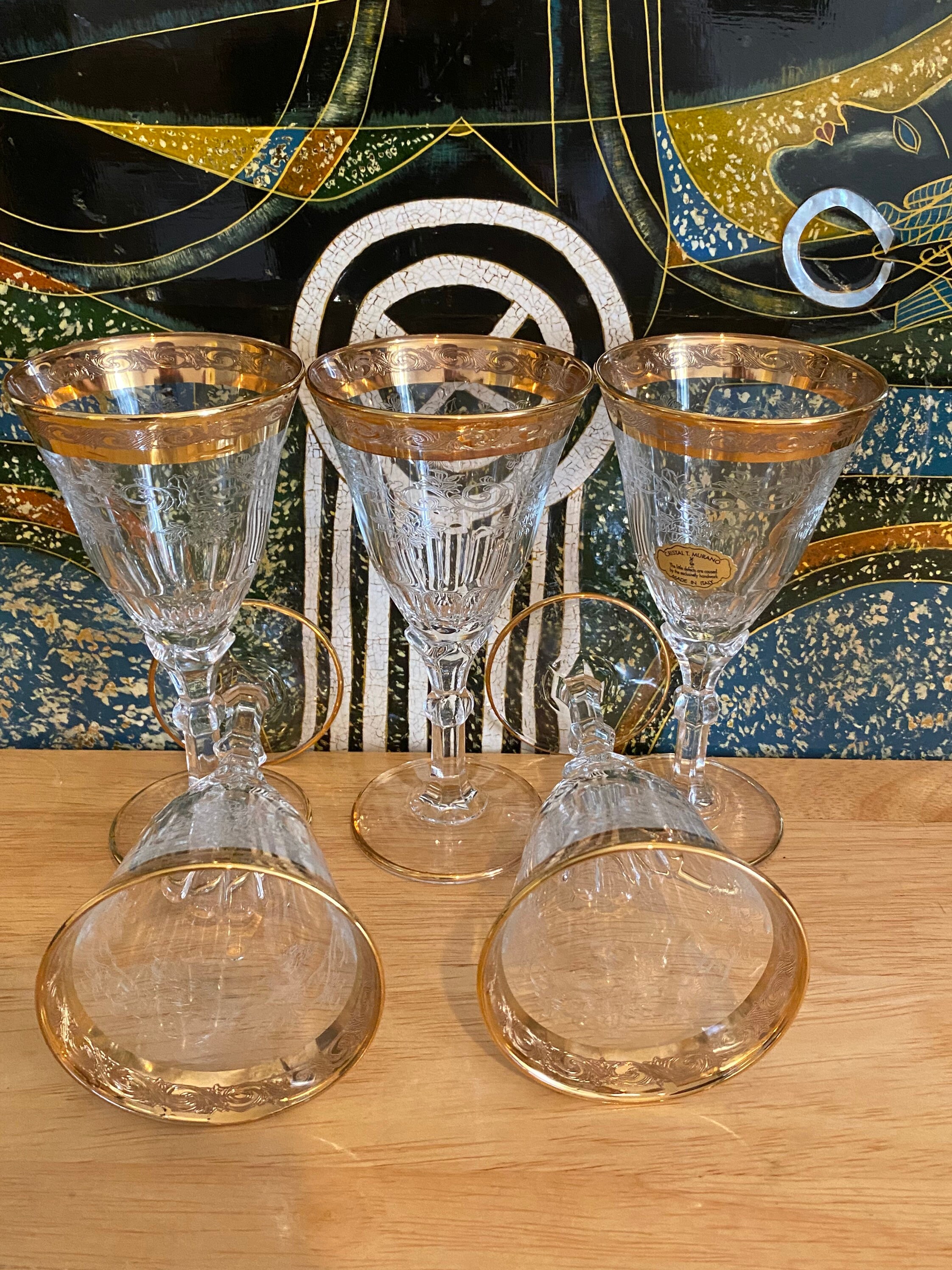 Alfa and Omega Cristal T. Murano set of 5 crystal glasses in 24 kt 