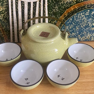 Vintage Yixing Zisha Clay Teapot Set: Yellow Glazed Tea Cups, 5 Piece