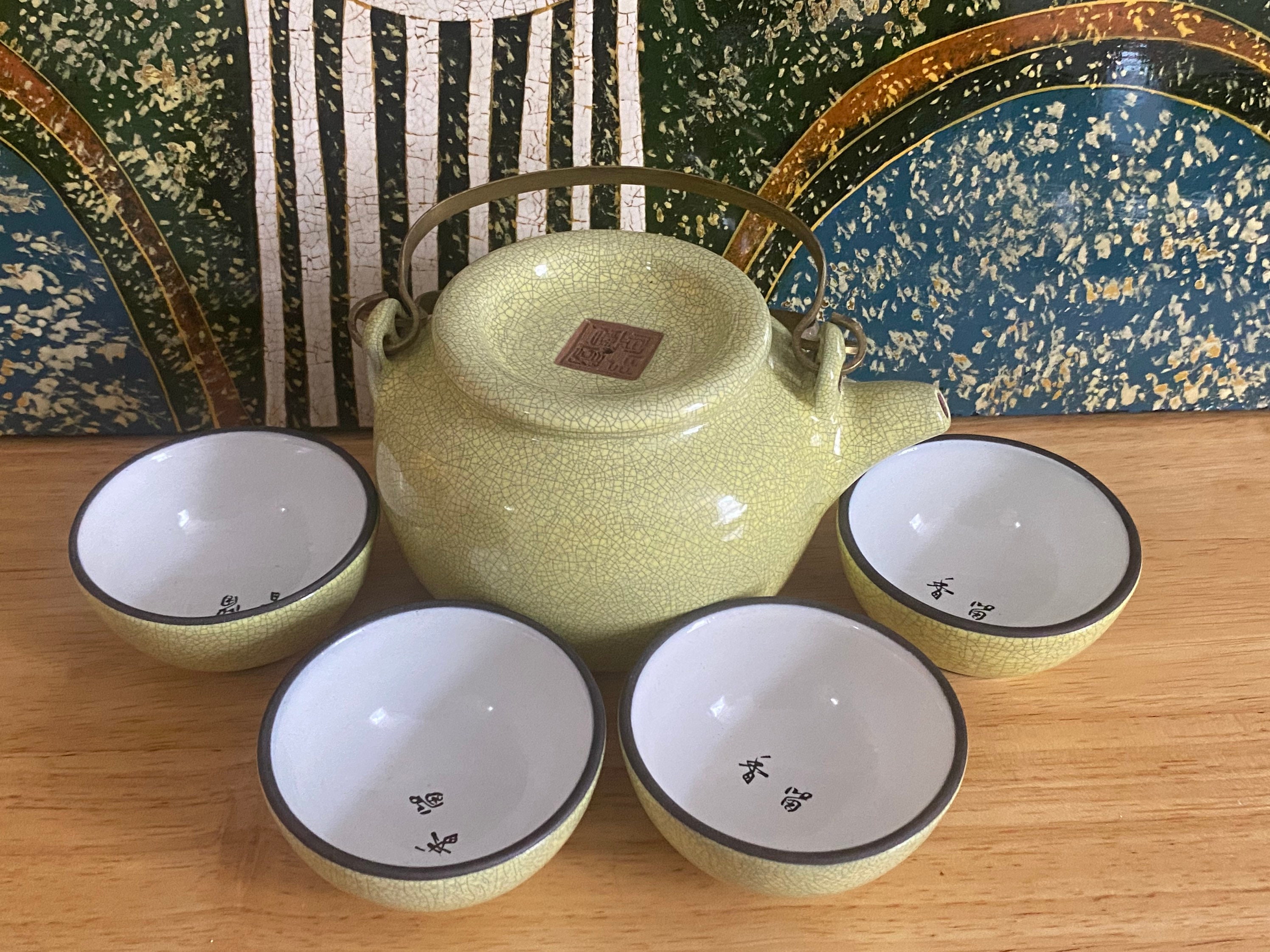 théière/tasses à thé en argile yixing de chine, service zisha émaillé jaune chinois, ensemble 5 pièces, très bon état, cadeaux pour la maison