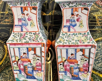 Vintage Famille Rose Vases: Pair of Chinese Porcelain Twin Handled Vases