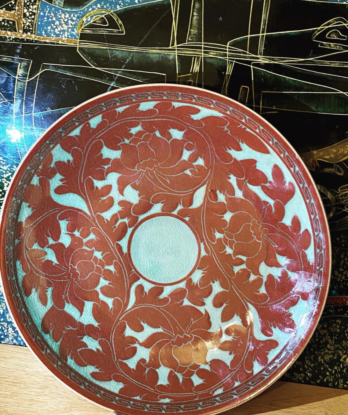 Korean celadon plate rich maroon lotus pattern circa 20th Etsy