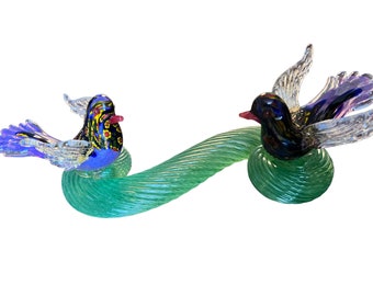 Murano Vintage  Gold Flecks and millefiori Birds sculpture seated on Branch