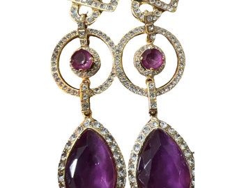 Carlo Zini Milano Oversized pink Jeweled Dangle Pair of Clip Earrings
