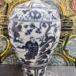 Vintage Chinese Porcelain Bottle: Horse & Fisherman Inlay, Large Collectible