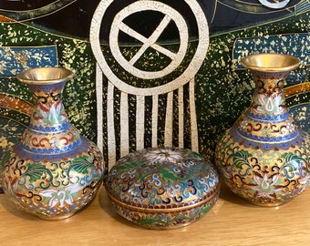 Chinese Champleve Cloisonne tri Vases,Chinese Vintage Cloisonne Trio set,Champleve cloisonné Decorative Enamel vases and trinket, room decor