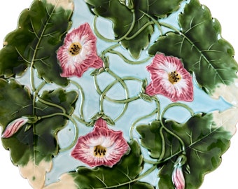 Large Art Nouveau wall plate, circa 1900, ceramic, Antique Morning Glory Majolica large wall art plate