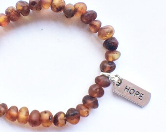 Not polished natural amber beads bracelet with Hope charm, FREE CHRISTMAS PACKAGING