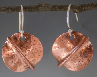 Fold Formed Copper Earrings - Small Round Copper Dangles for Her - Artisan Earrings