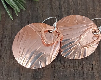 Copper Disc Earrings - Embossed with a Fern Print - Medium Size