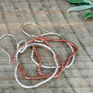 Funky Hoop Earrings Mixed Metal - Artsy Textured Double Hoops - Large Dangles Silver Copper - Quirky Hoops - Gift for Teen