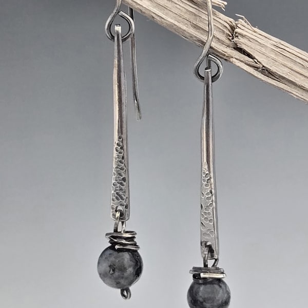 Forged Sterling and Larvikite Earrings: Artisan Made in USA, Long with gray bead
