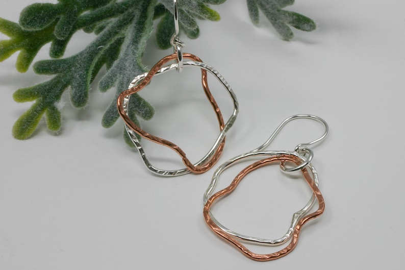 Large Dangles Silver Copper Hoop Earrings Mixed Metal Funky Wonky Earrings Textured Double Hoops