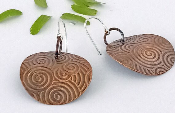 Embossed Copper Dangle Earrings: Spiral Texture, Oxidized Patina