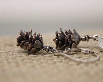 Pine Cone Earrings Crafted in Copper and Silver - Natural Rustic Design - Country Wedding Earrings - Gift for Her