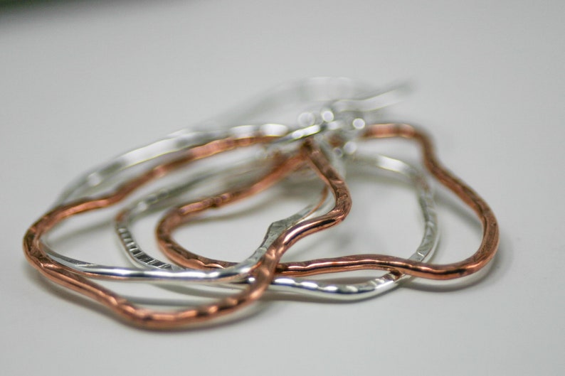 Large Dangles Silver Copper Hoop Earrings Mixed Metal Funky Wonky Earrings Textured Double Hoops