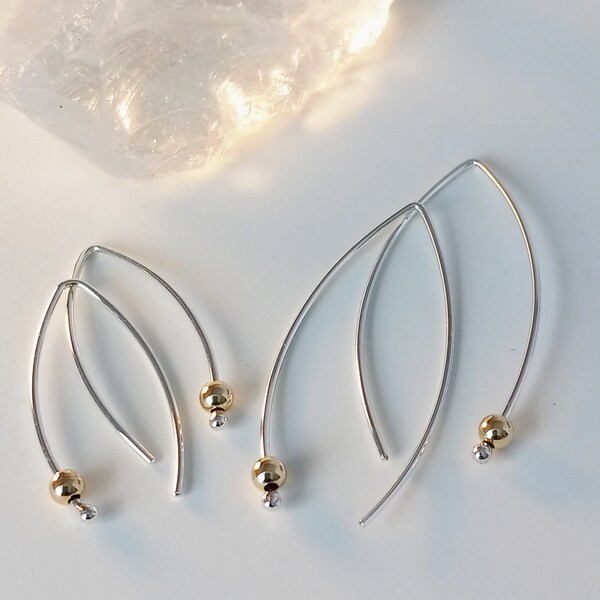 Minimalist Silver Earring with Gold Bead - Open Hoop Threader - Sleek Modern Earrings - Birthday Gift - Small & Medium Sizes
