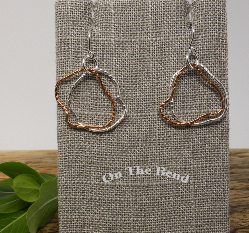 Large Dangles Silver Copper Hoop Earrings Mixed Metal Funky Wonky Earrings Textured Double Hoops