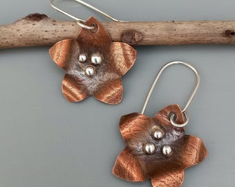 Mixed Metal Flower Earrings - Botanical Dangles - Gardeners Gift - Floral Artisan Earrings- Cottagecore Style