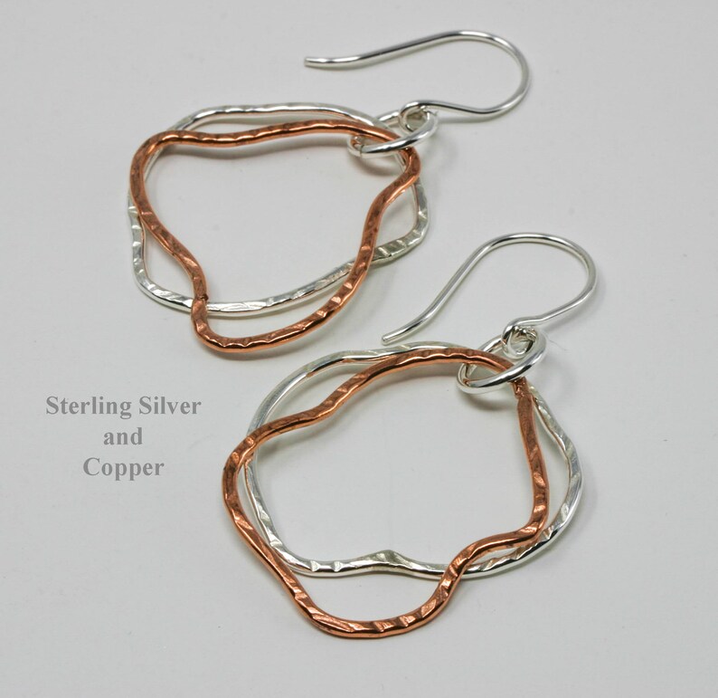 Large Dangles Silver Copper Hoop Earrings Mixed Metal Funky Wonky Earrings Textured Double Hoops