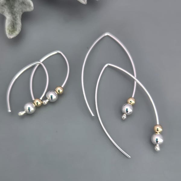 Minimalist Silver Hoop Earrings: Gold Bead Accent, Handmade Threaders