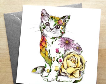 Floral Cat Greetings Card by Kat Baxter | Kitten Greetings Card |  Flowery Cat Card |  Greetings Card | CODE: KB09G
