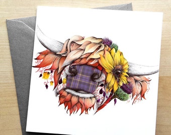 Sunflower Highland Cow Greetings Card by Kat Baxter | Flowery Highland Cow Greetings Card |  Cow Card |  Greetings Card | CODE: KB11G