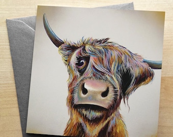 Colourful Highland Cow Greetings Card by Adam Barsby | Scottish Cow Greetings Card |  Cow Card |  Greetings Card | CODE: AB01G