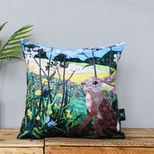 Buttercup Spring Hare Cushion by Kate Findlay Summer Hare with Flowers Vegan Pillow Collage-Inspired Handemade Rabbit Field Cushion image 8