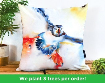Puffin Vegan-Suede Cushion by Liz Chaderton | Seabird Sofa Pillow | Albatross Cushion Cover | Bird Watercolour Cushion | Puffin Gift Decor