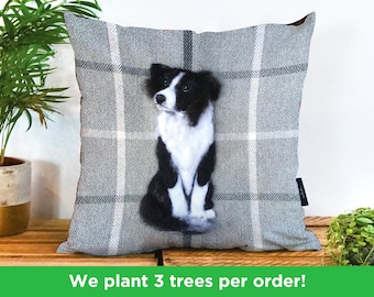 Border Collie Vegan Cushion by Sharon Salt - Print not 3D | Grey Collie Throw Pillow | Handmade in the UK Dog Gift |Border Collie Decor Gift