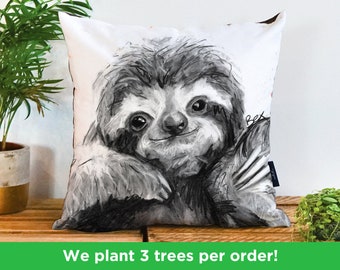 Cute Charcoal Sloth Vegan Cushion by Bex Williams | Cheeky Sloth Handmade Pillow | Sloth Birthday Present | Sloth Bedding Housewarming Gift