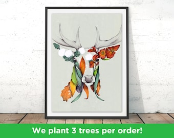 Rustic Deer Print by Kat Baxter | Colourful Stag Wall Art | Floral Deer Print | Beautiful Flower Stag Home Decor Illustration