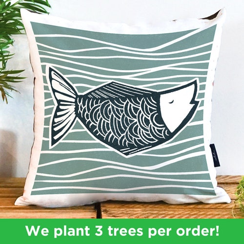 Catch Of The Day Handmade Cushion by Bells Scambler | Fish Illustration Pillow | Fish Illustration | Sea Life Birthday Gift