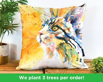 Yellow Cat Vegan Pillow by Liz Chaderton | Tabby Cat Cushion Cover | Cat Gift | Cat Watercolour Handmade Sofa Cushion | Cat Decor