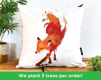 Fox Vegan-Suede Cushion by Robert Farkas | Running Red Fox Pillow | Handmade Foxy Cushion Cover | Animal Pillow | Fox Illustration Art Decor