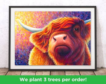 Stunning Highland Cow 1 Print by Rachel Froud | Colourful Cow Wall Art | Highland Cow Print | Beautiful Highland Coo Decor Illustration