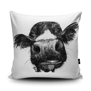 Charcoal Cow Vegan Cushion by Bex Williams Black and White Cow Pillow Handmade Cow Illustration Cushion Cover Cow's Face Throw Bedding image 2