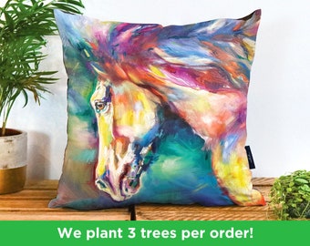 Beautiful Chestnut Horse Cushion by Sue Gardner | Colourful Horse Vegan-Suede Pillow | Stallion Horse Lovers Cushion | Horse Painting Gift