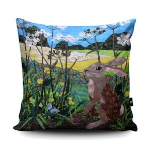 Buttercup Spring Hare Cushion by Kate Findlay Summer Hare with Flowers Vegan Pillow Collage-Inspired Handemade Rabbit Field Cushion image 2