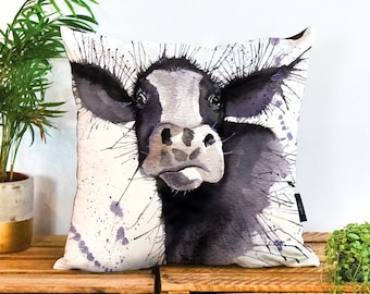 Splatter Cow Illustration Faux-Suede Cushion | Cow Watercolour Pillow, | Cow Illustration | Housewarming Cushion | Black & White Cushion