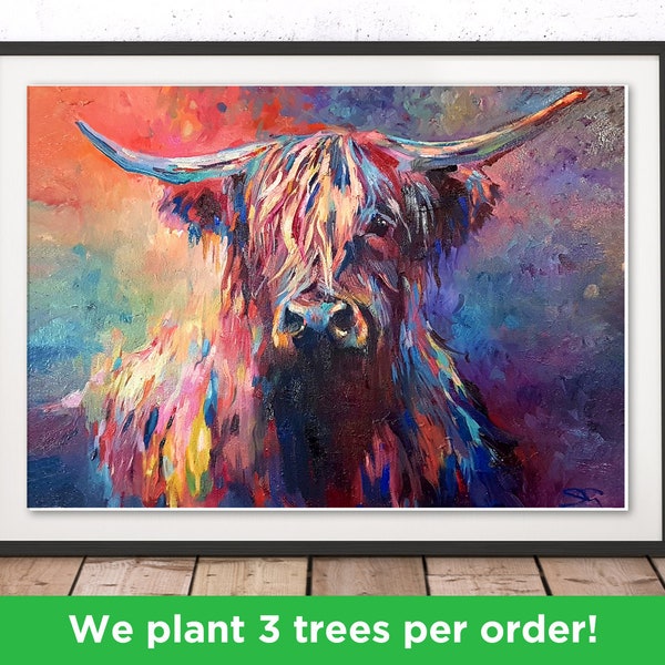 Highland Cow Print by Sue Gardner | Colourful Cow Wall Art | Highland Cow Print | Scottish Highland Cow Home Decor Illustration