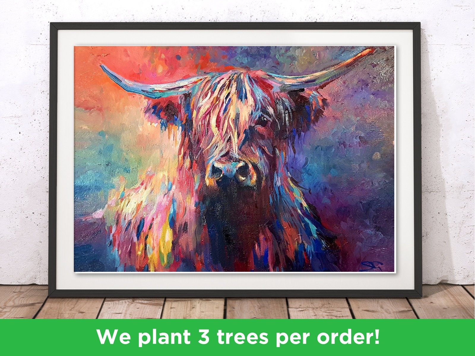 PixonSign Highland Cow Canvas Print Framed Wall Art, 24x36 inches