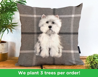 Westie Vegan Cushion by Sharon Salt - Print not 3D | White Westie Throw Pillow | Handmade in the UK Dog Gift | Westie Decor Gift